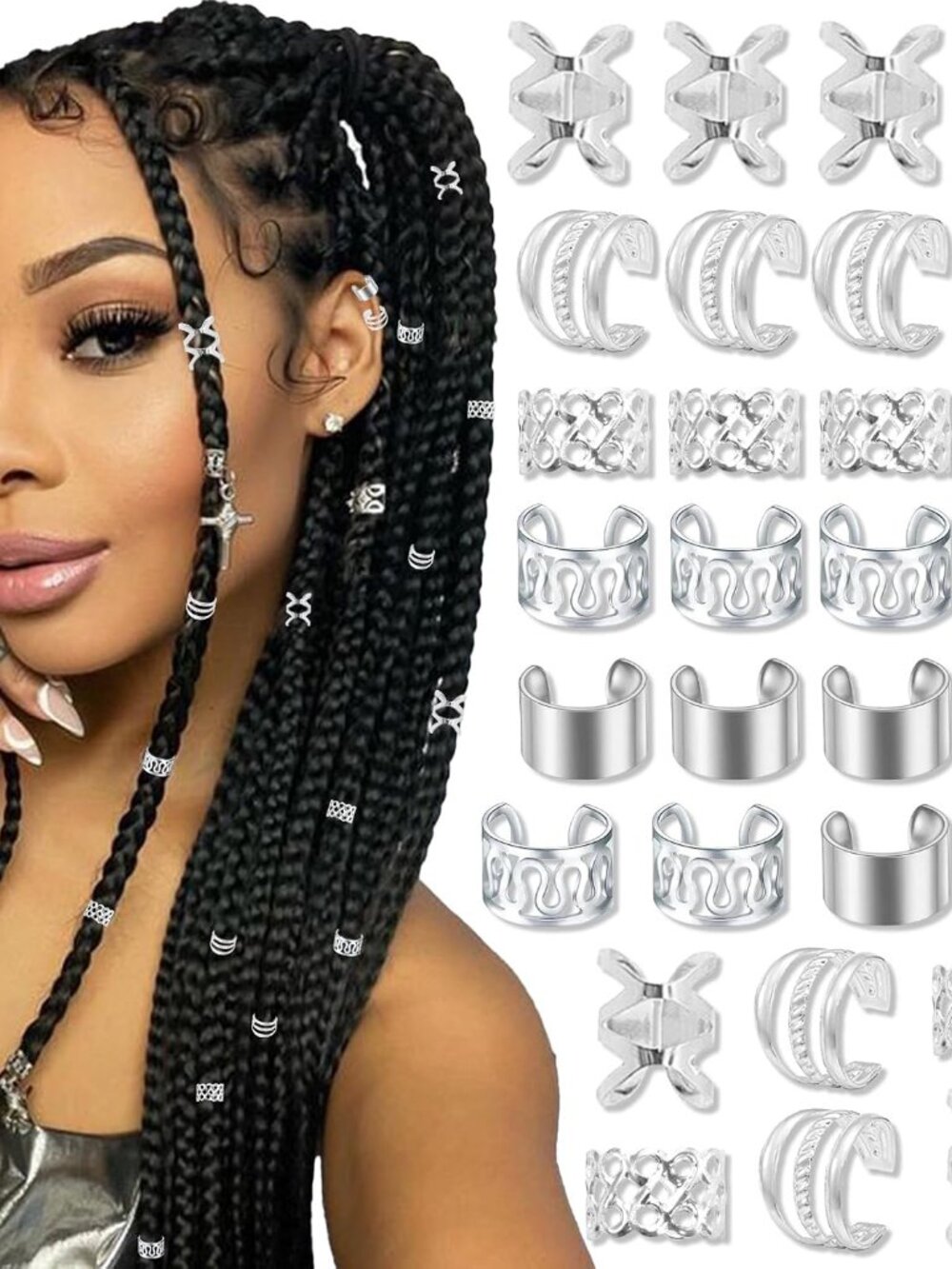 Silver Jewelry for Braids, Dreadlocks and Beards - Metal Braid Clips, Non-Pierci